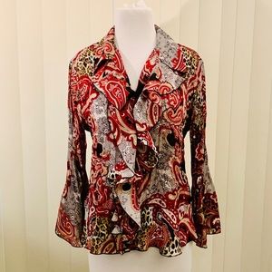 Vtg Y2K Sunny Leigh Chiffon Ruffle Blouse Red Paisley Animal Print Bell Sleeve.
